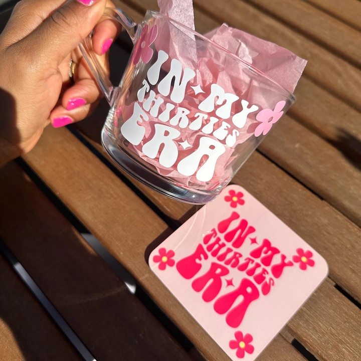 In My Thirties Era Glass Mug - Perfect 30th Birthday Gift | Milestone Birthday Present | Floral Design Coffee Mug