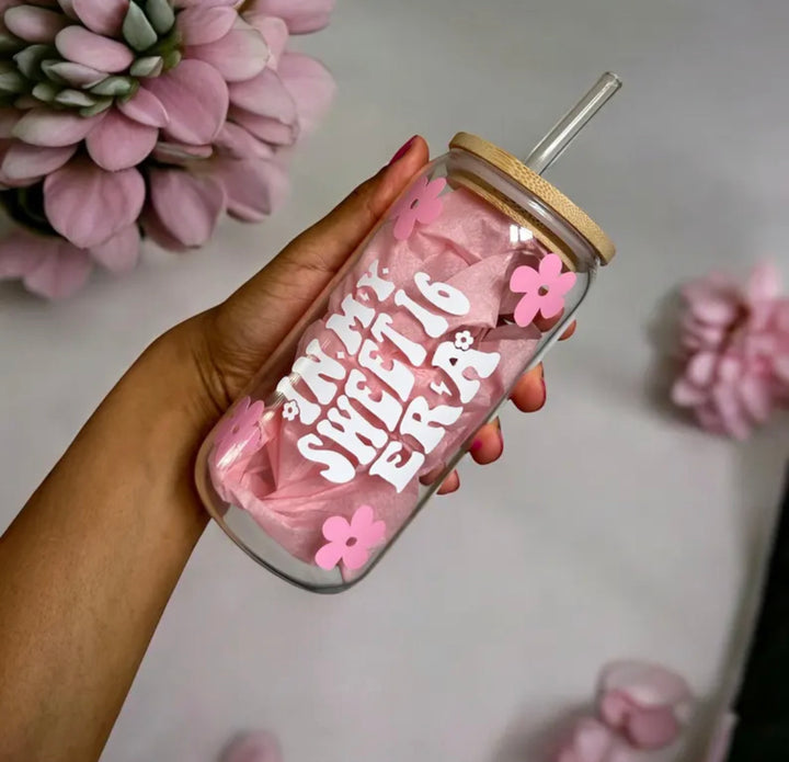Personalised Sweet 16 Tumbler with Custom-Coloured Flower | Birthday Gift for Teen Girls | Engraved Name & Age | Reusable Tumbler
