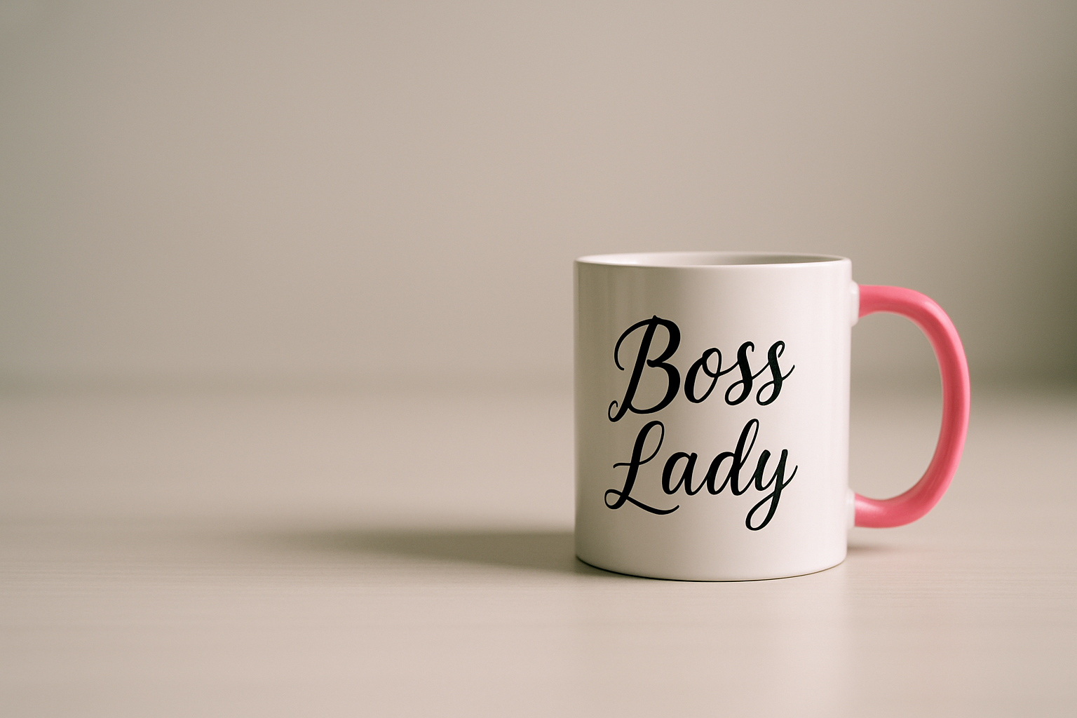 generate a image of a distant mug in the far right thats personalised and says boss lady with a pink handle