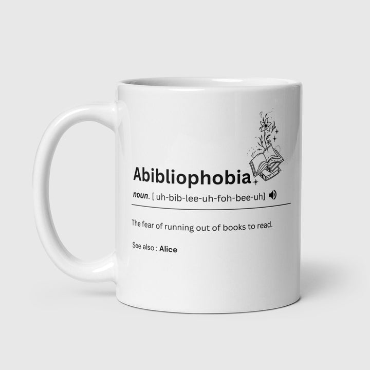 Personalised bookish mug- Abibliophobia definition mug-Gift for a book lover-Bookworm mug-Funny reading mug-English teacher gift-Book Nerd-