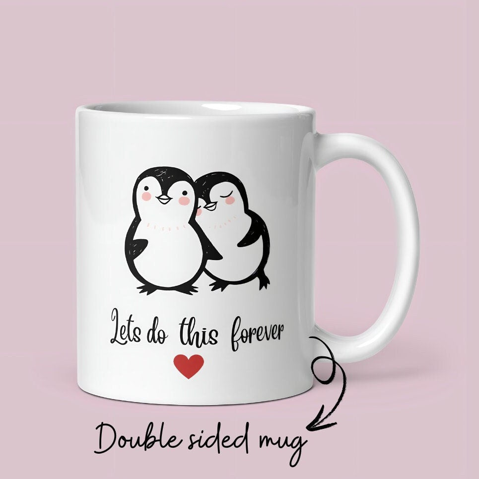 Adorable custom penguin valentines day mug - Cute couples custom mug  - Anniversary present for girlfriend & boyfriend - Newlyweds