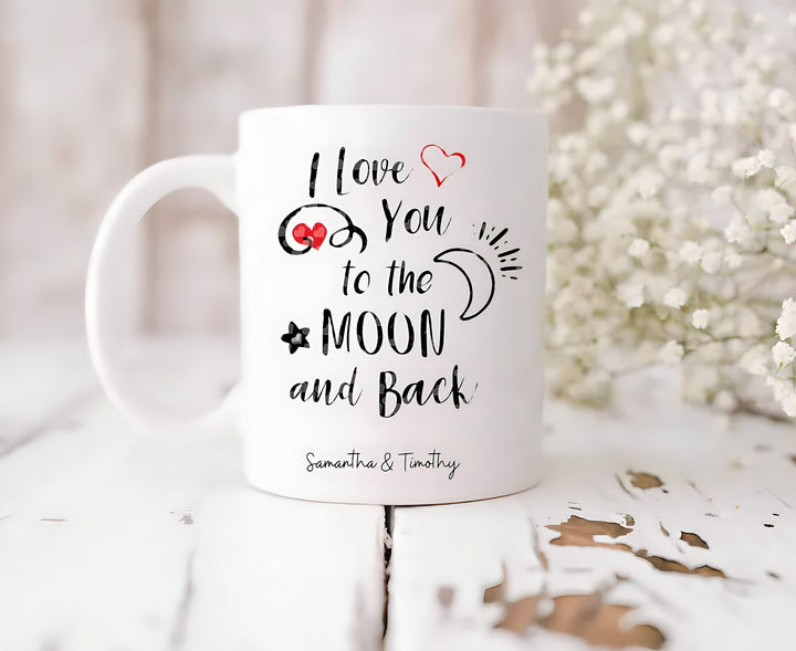 Personalised I love you to the moon and back mug - Valentines mug with custom couple names - Husband and wife mug - Girlfriend and boyfriend