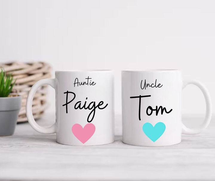 Personalised gift for auntie and uncle - Sweet Love Heart Uncle and Auntie Mugs - Pregnancy reveal announcement proposal - Family presents