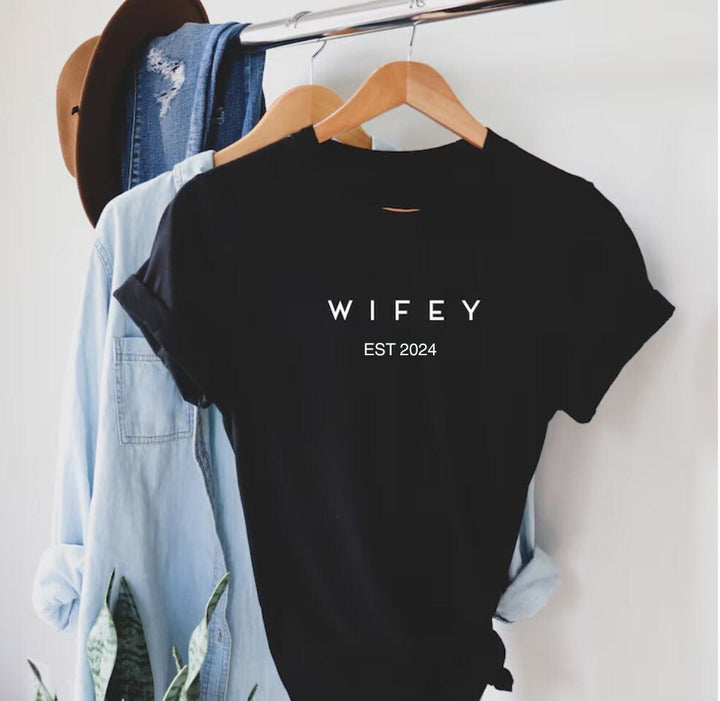 WIFEY est 2024, HUBBY est 2024 T Shirt -  Engagement announcement gift , Custom wedding gift - Wife Tee - Personalised wedding hen do gift