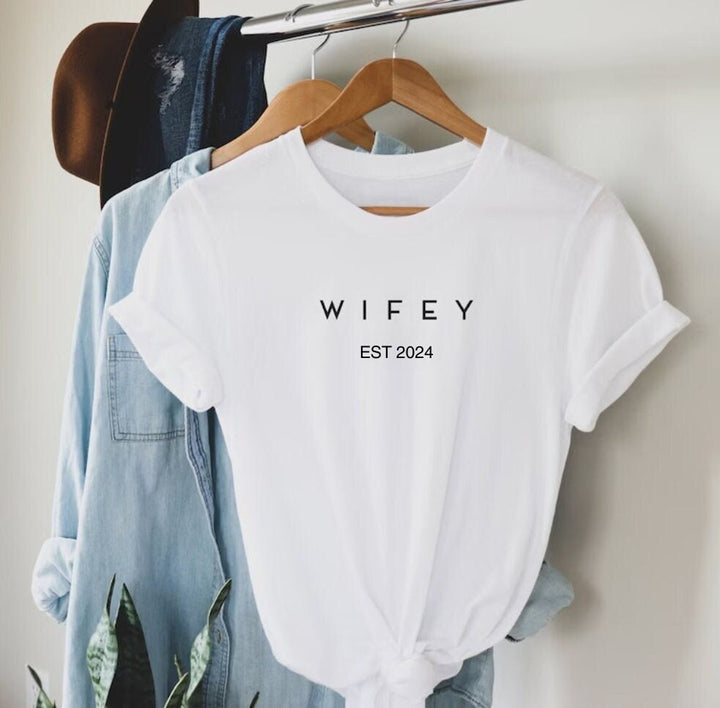 WIFEY est 2024, HUBBY est 2024 T Shirt -  Engagement announcement gift , Custom wedding gift - Wife Tee - Personalised wedding hen do gift