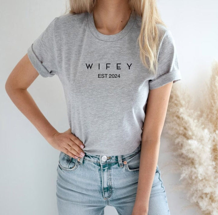 WIFEY est 2024, HUBBY est 2024 T Shirt -  Engagement announcement gift , Custom wedding gift - Wife Tee - Personalised wedding hen do gift