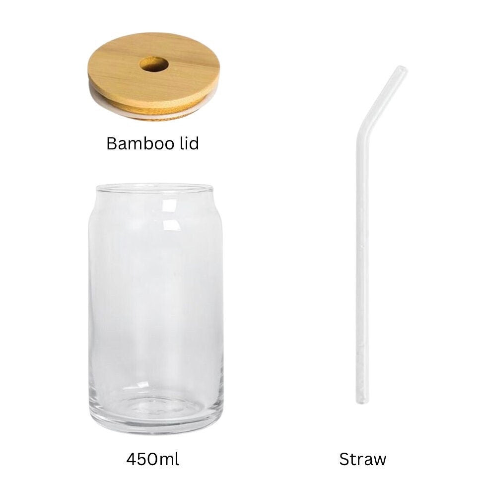 Personalised Glass Bamboo Cup with Lid & Straw  - Tumbler cup with daisy - Cute retro floral design tumbler -  BPA free - Ice coffee tumbler