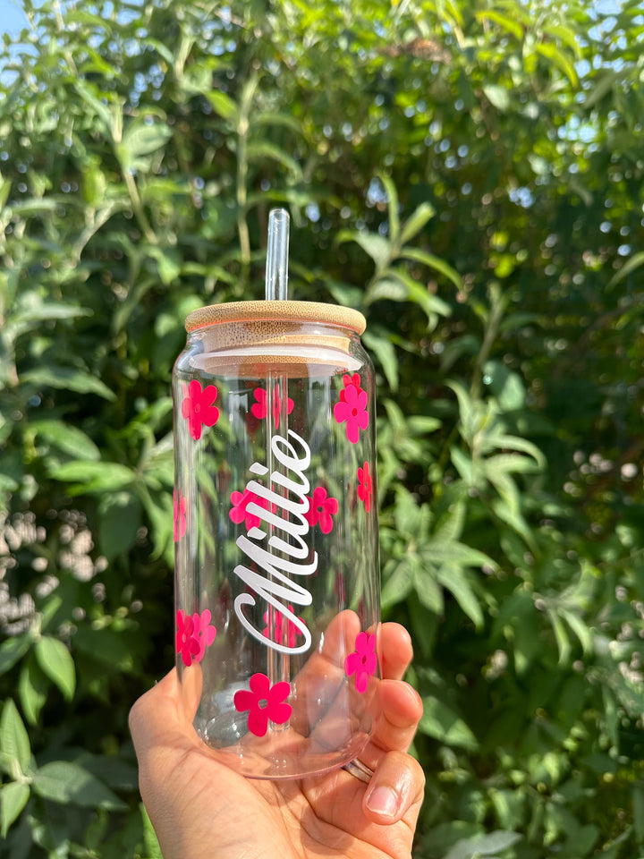 Personalised Glass Bamboo Cup with Lid & Straw  - Tumbler cup with pink daisy floral design tumbler -  BPA free tumbler - Ice coffee cup