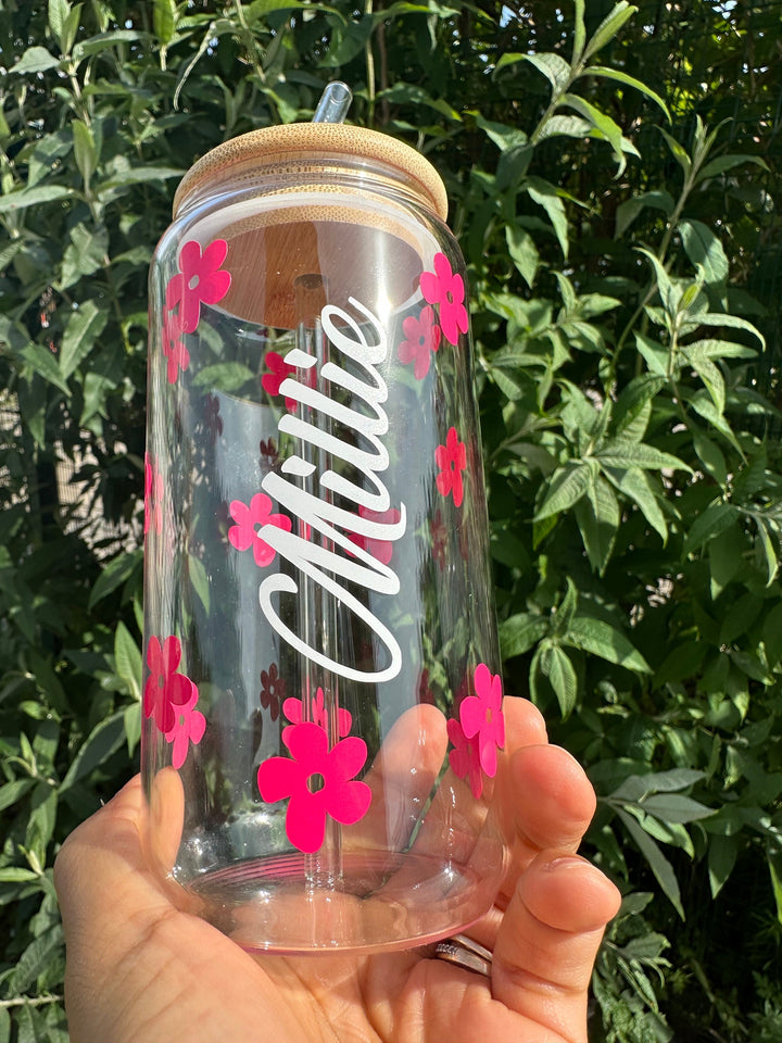 Personalised Glass Bamboo Cup with Lid & Straw  - Tumbler cup with pink daisy floral design tumbler -  BPA free tumbler - Ice coffee cup