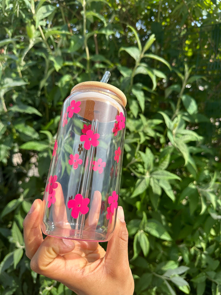 Personalised Glass Bamboo Cup with Lid & Straw  - Tumbler cup with pink daisy floral design tumbler -  BPA free tumbler - Ice coffee cup