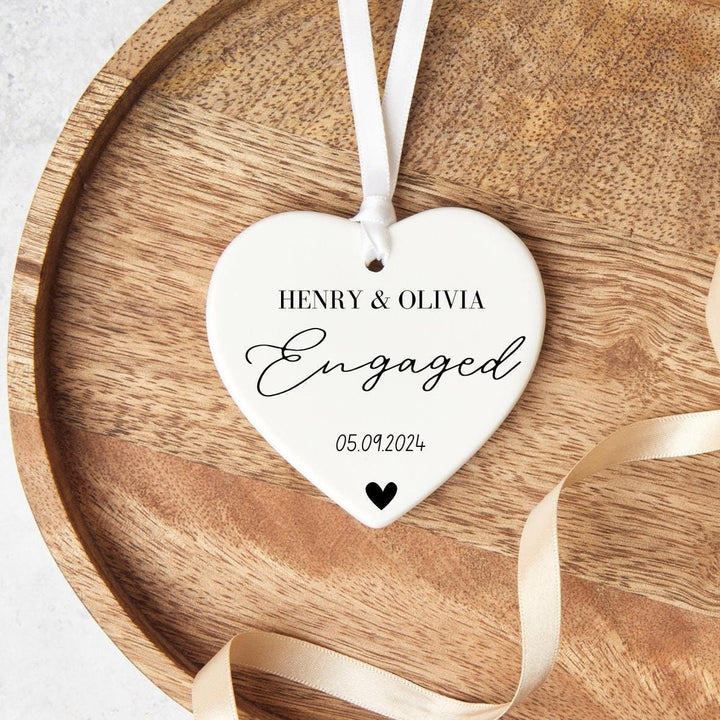 Personalised Newly Engaged Ornament - Engaged era gift  - Couple Ceramic Hanging Heart - Housewarming present - Keepsake engagement gift