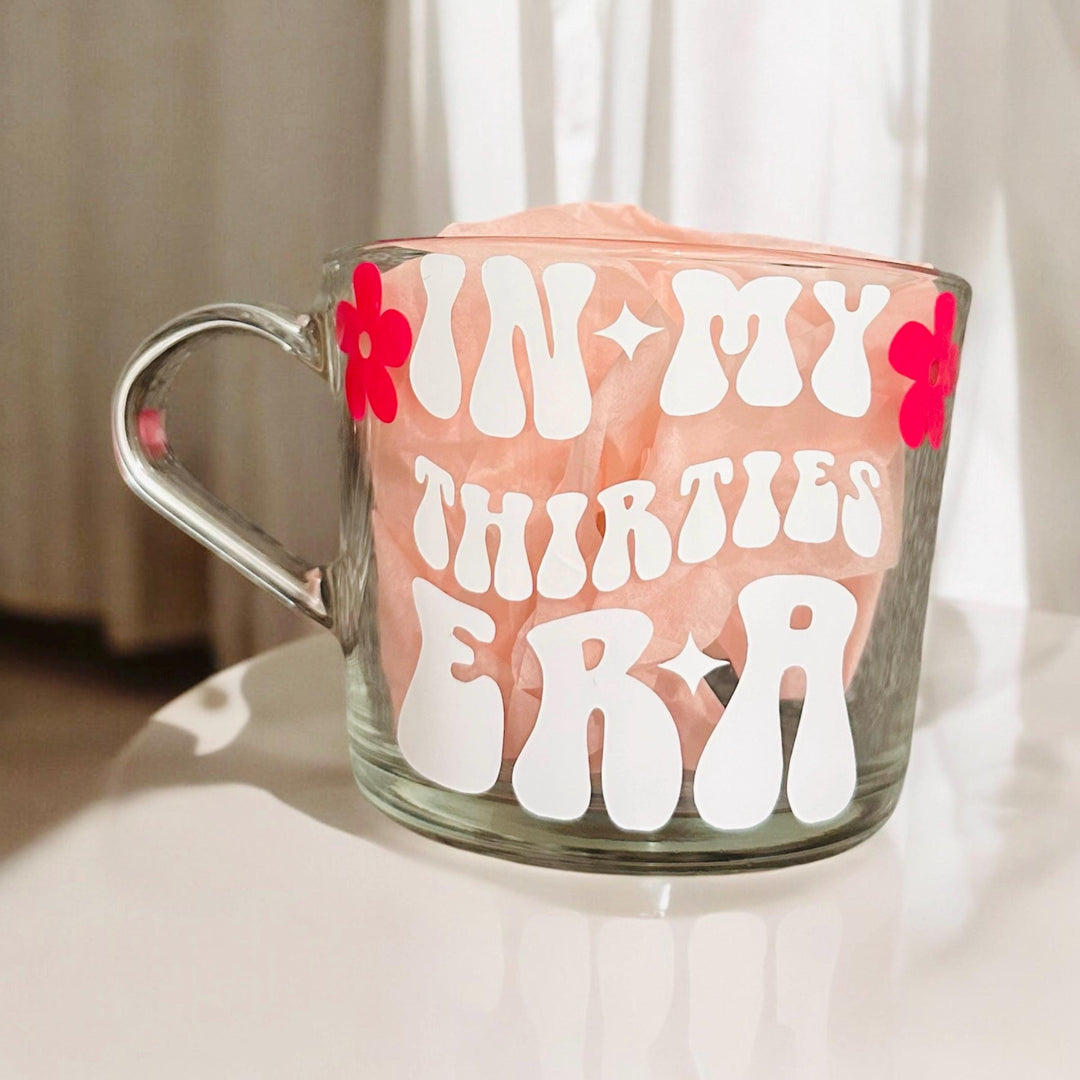 In My Thirties Era Glass Mug - Perfect 30th Birthday Gift | Milestone Birthday Present | Floral Design Coffee Mug