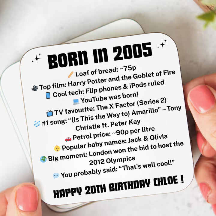 Personalised 20th Birthday Gift - Born in 2005 Coaster - Turning 20 Present - Milestone Birthday gift - 20th birthday - gift for her / him