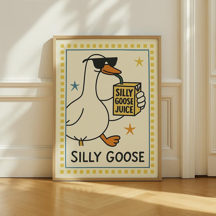 Silly Goose Juice Print – Funny Goose Wall Art, Retro Cartoon Poster, Playful Animal Decor, Quirky Juice Box Illustration, Whimsical Goose G
