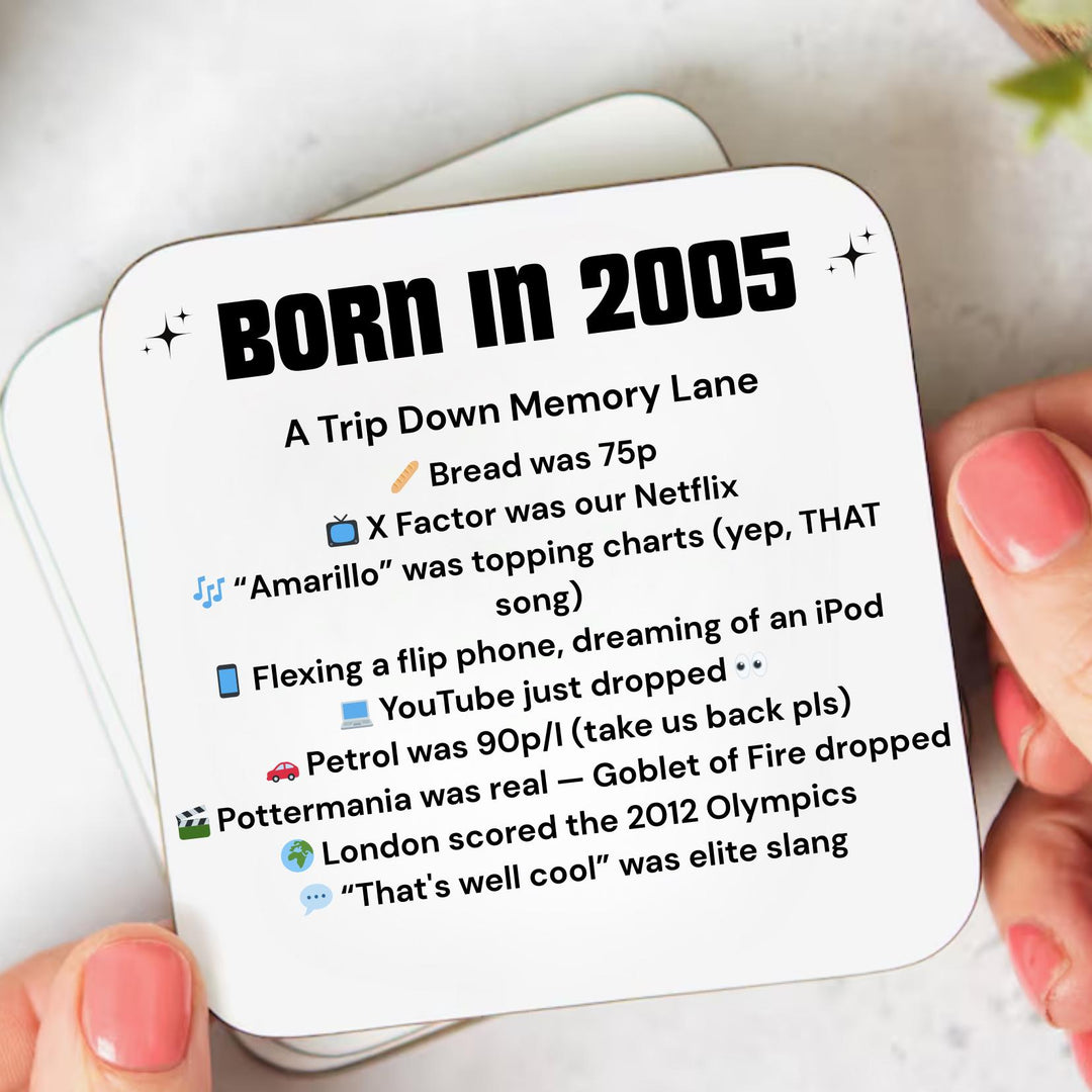 Personalised 20th Birthday Gift - Born in 2005 Coaster - Turning 20 Present - Milestone Birthday gift - 20th birthday - gift for her / him