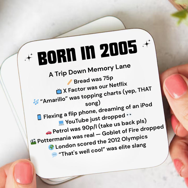 Personalised 20th Birthday Gift - Born in 2005 Coaster - Turning 20 Present - Milestone Birthday gift - 20th birthday - gift for her / him