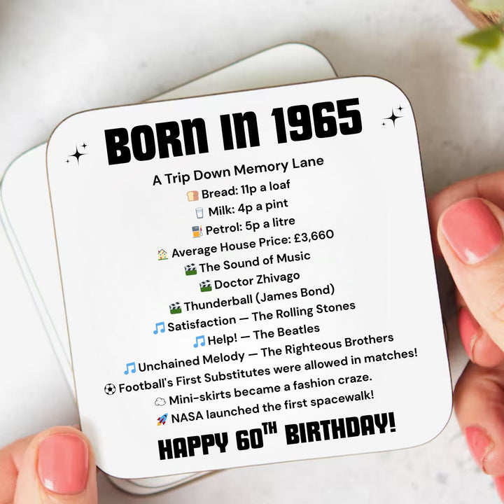 60 Birthday Gift - Born in 1965 Coaster - Turning 60 Present - Milestone Birthday Keepsake - Fun Gift for Him Her Friend - Turning sixty