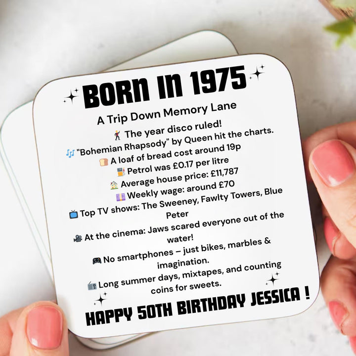 Personalised 50th Birthday Gift - Born in 1975 Coaster - Turning 50 Present - Milestone Birthday gift - Fun Gift for Him Her - Turning fifty