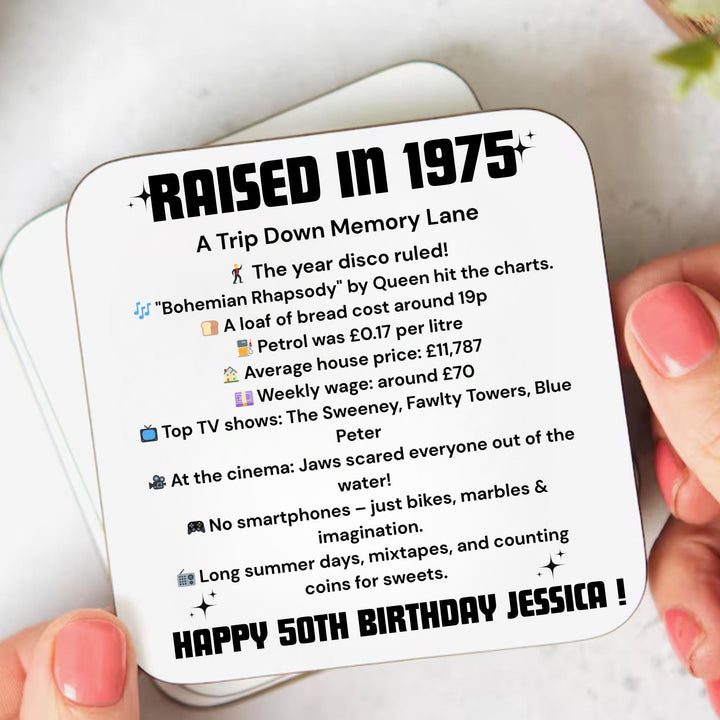 Personalised 50th Birthday Gift - Born in 1975 Coaster - Turning 50 Present - 50th Milestone Birthday GIFT  - Turning fifty - 50th birthday