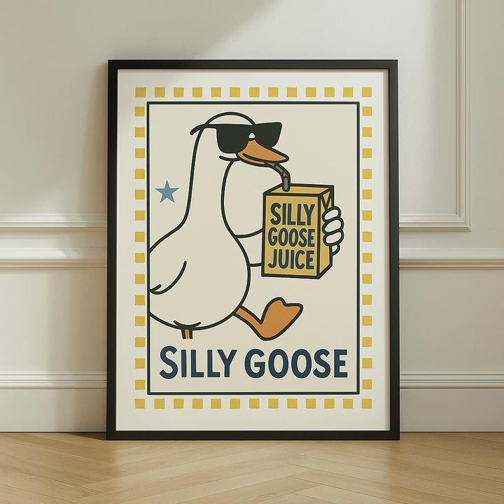 Silly Goose Juice Print – Funny Goose Wall Art, Retro Cartoon Poster, Playful Animal Decor, Quirky Juice Box Illustration, Whimsical Goose G