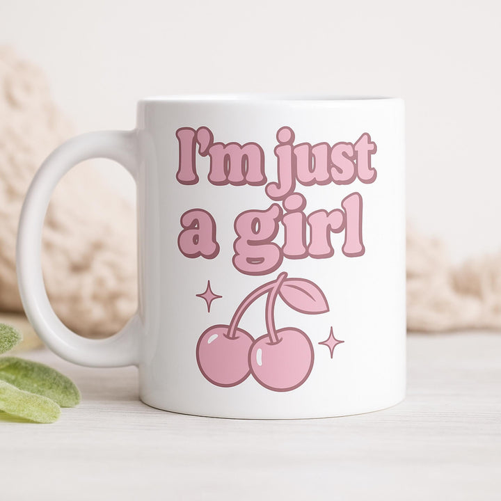 I'm Just a Girl Mug – Cute Cherry Coffee Cup, Feminine Retro Aesthetic, Pink 90s Y2K Mug, Girl Power Gift, Pastel Ceramic Mug for Her