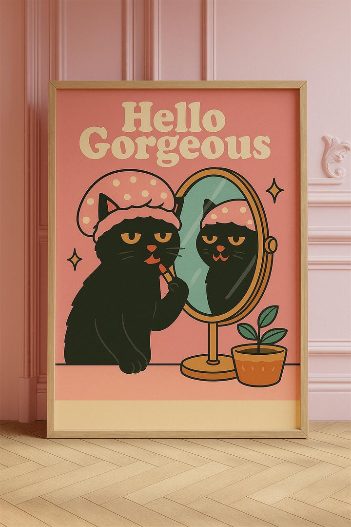 Retro Black Cat Wall Art | "Hello Gorgeous" Poster | Cute Cat Bathroom Decor | Whimsical Cat Lover Gift | Pink Aesthetic Wall Print