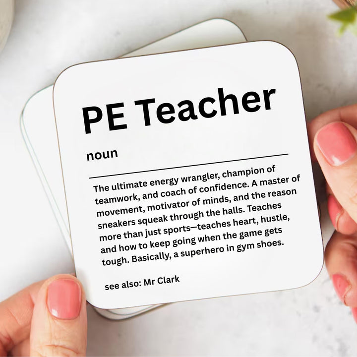 Personalised PE Teacher Coaster – Custom Name Gift for Gym Teacher, Fun Heartfelt Sports Coach Gift, End of Term Teacher Appreciation