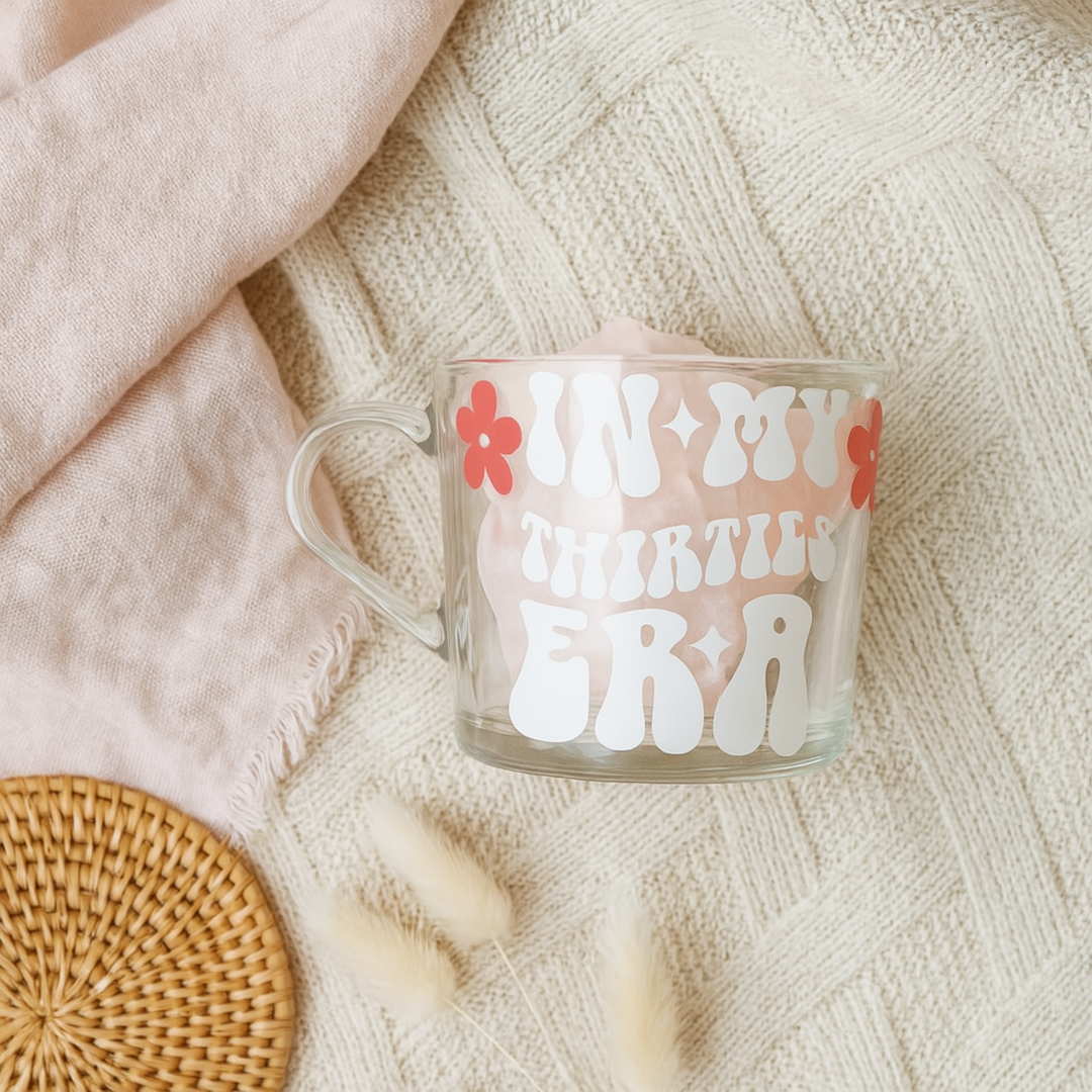 In My Thirties Era Glass Mug - Perfect 30th Birthday Gift | Milestone Birthday Present | Floral Design Coffee Mug